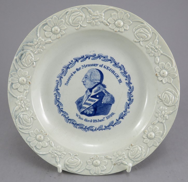 An early nineteenth century commemorative blue and white transfer-printed moulded child's plate, c.