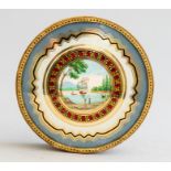 A George III gilt foil circular lidded box, the cover with a shipping scene in a gilt border,