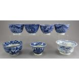 A group of early nineteenth century blue and white transfer-printed tea bowls, c.1795-1820. To