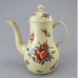 A late eighteenth century creamware hand-painted coffeepot and cover, c.1780-90. It is decorated