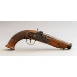 A 19th Century percussion cap pistol, diced walnut stock with flat butt, lacking ramrod, length