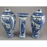 A group of late eighteenth century blue and white transfer-printed vases, c.1795. They are printed