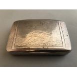 A George III silver pocket snuff box, of curved form, the cover engraved with a reclining