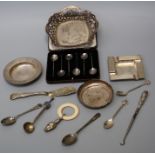 A mixed lot of small silver to include a pierced dish, engine turned ashtray, pin dishes, baby's