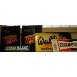 Two tin plate promotional signs, Lyons Red Label Tea, a Fordson lorries sign, a Champion spark