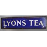 A mid 20th century enamelled promotional sign, Lyons Tea. White upper case lettering on a royal blue