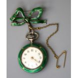 A silver green guilloche enamel Swiss fob watch on green enamel bow brooch fitting