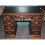 A late Victorian oak twin pedestal desk, the rectangular top set with scriber over an arrangement of