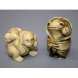 A Japanese, Meiji period carved ivory netsuke in the form of a mother monkey with her young on her