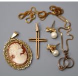 A French gold cross, a shell cameo of a lady in pendant mount, a pair of bowl mounted cultured pearl