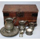 A 19th century oak, steel bound deed box, containing a small quantity of pewter including three 24