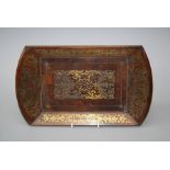 A small 19th rosewood and brass tracery inlaid tray in the manner of George Bullock. 20.5 x 34 cms.