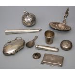 A mixed lot of small silver to include sovereign case, Russian tot, Irish caddy spoon with scallop