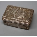 WM, a silver snuff box, the hinged cover decorated with a huntsman, hounds and female companion,