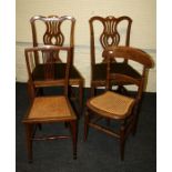 A pair of George III mahogany dining chairs, together with a pair of Edwardian cane seated bedroom