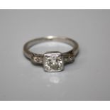 An Art Deco single stone diamond ring, the old brilliant cut diamond in cushion shaped claw cornered