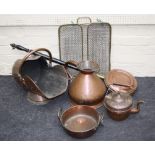 A Victorian copper 2 gallon jug, a copper helmet shape scuttle, a small preserve pan, kettle,