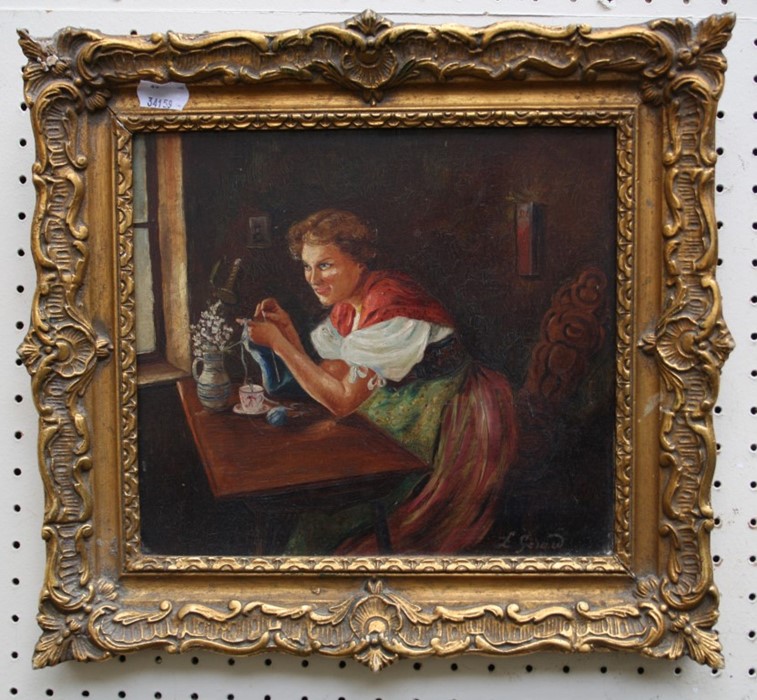 L Gerard (19th century Continental) A young woman seated knitting at a table with jug of flowers. Oi