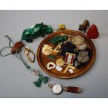 A small collection of items including Masonic jewels, Chinese snuff bottles,malachite animal