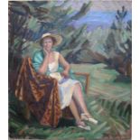 Circa 1920's Swedish school Lady in a summer garden. Oil on canvas signed indistinctly 101 x 85cm