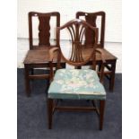 A pair of late 18th century, vase splat country, side chairs with solid seats. Together with a