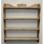 A stripped pine set of four tier  wall shelves with shaped  cresting rail. 80cm wide
