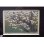 Morihiro Sato (1943- Present) Snow fall on oak leaves,signed artists proof 62/99  woodblock print