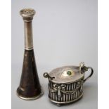 A Victorian silver novelty pepper pot on the form of a hunting horn with pierced screw off cover.