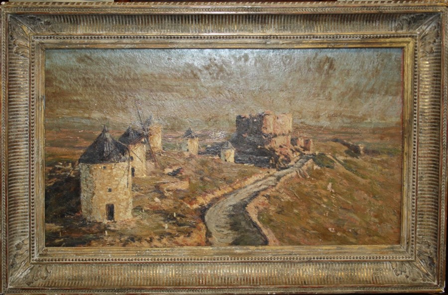 Early 20th century continental school. The white washed windmills and castle of Lamancha . Oil on