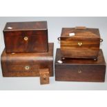 A Victorian walnut, Tonbridge banded sewing box, a Victorian mahogany sewing box, two mahogany tea