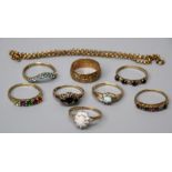 A selection of eight various gold and gem set rings and a 9ct gold trace link chainCONDITION:gross