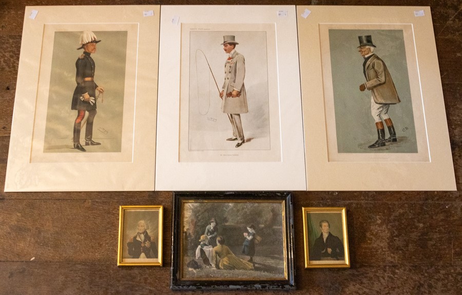 Two framed Baxter prints (Lord Nelson and Sir Robert Peel), three Vanity Fair caricatures, and a - Image 2 of 2