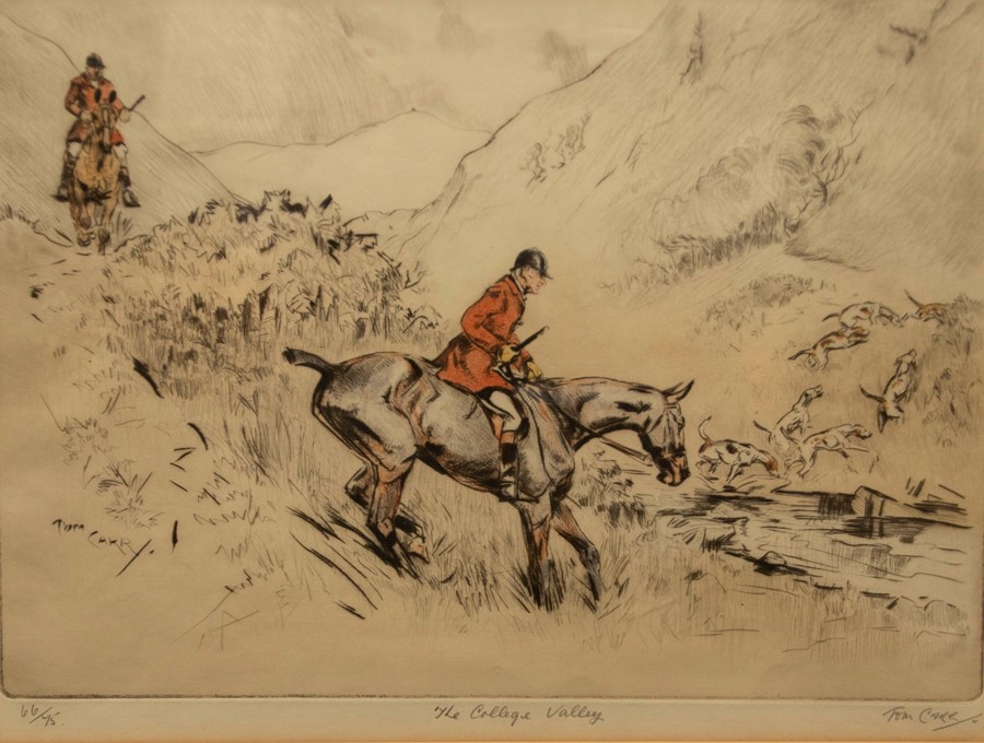 Tom Carr (1912-1977), two fox hunting scenes, etchings with drypoint and pencil colour: The