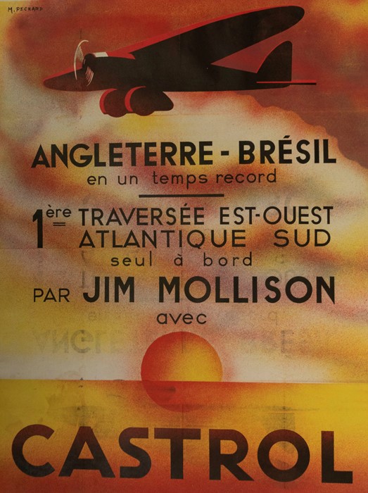 Castrol advertising poster commemorating Jim Mollison's East-to-West solo trans-Atlantic flight from