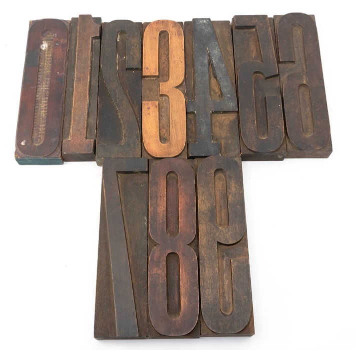 Printers' type. Ten hardwood type blocks, full set of numbers (0 to 9), skinny, block height 19cm.