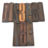 Printers' type. Ten hardwood type blocks, full set of numbers (0 to 9), skinny, block height 19cm.