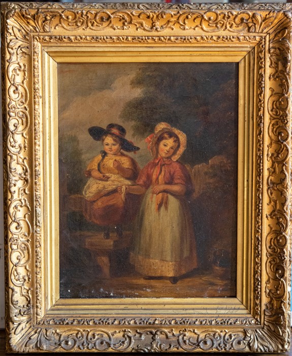 British School, circa 1840, two children by a stile, oil on canvas, 30.5 by 25.5cm, gilt frame