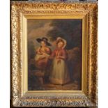 British School, circa 1840, two children by a stile, oil on canvas, 30.5 by 25.5cm, gilt frame