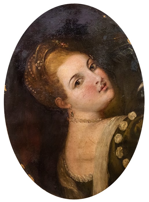 After Titian, portrait of a girl, bust length, bust length, her head turned, oil on canvas, 49 by