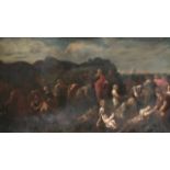 Manner of Nicolas Poussin, Feeding of the Five Thousand, oil on canvas, unstretched, 71 by 130cm,