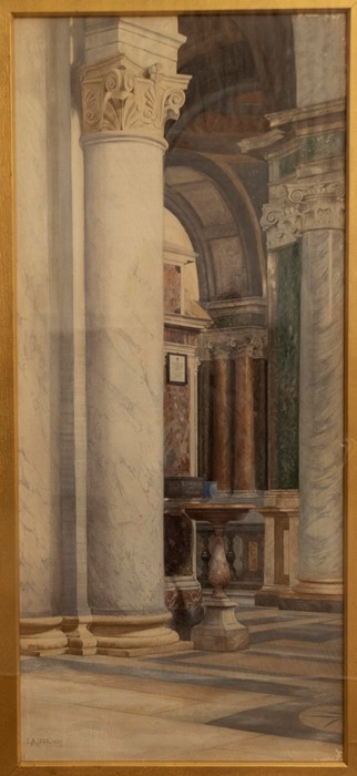 E..A.. Ibbs (British, late 19th Century), the interior of a church, signed and dated 1887, l.l.,