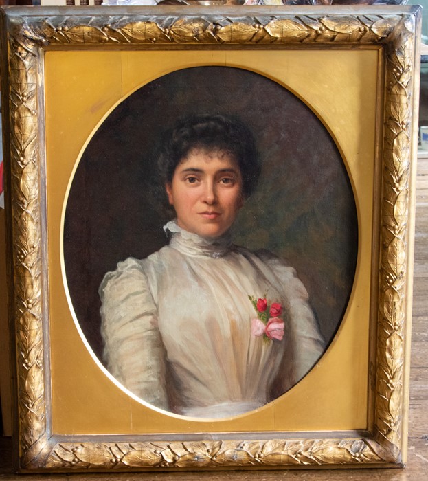 British School, circa 1890, portrait of a young lady, half length in a white dress, oil on canvas,