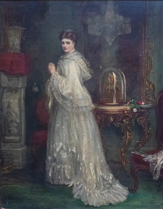 Style of Charles Frederick Lowcock, (British, fl.1878-1922), portrait of a lady in a white dress,