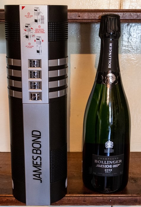 A bottle of Bollinger Champagne, James Bond 007, 50th Anniversary commemorative pack, 2002, in coded