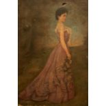 Continental School, circa 1890, portrait of a young lady, full length in a lilac dress and holding