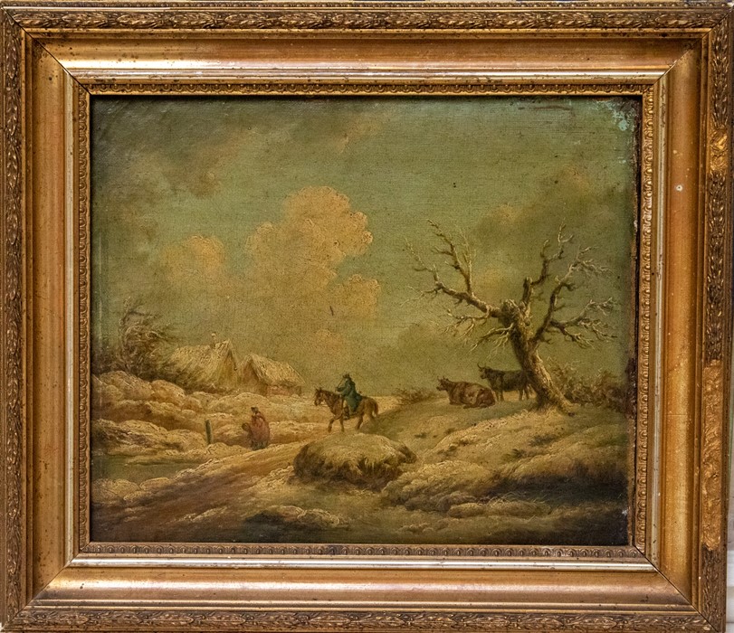 Follower of George Morland, figures and cattle in a winter landscape, oil on canvas, 25 by 30cm,