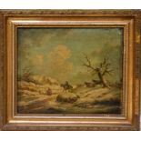 Follower of George Morland, figures and cattle in a winter landscape, oil on canvas, 25 by 30cm,