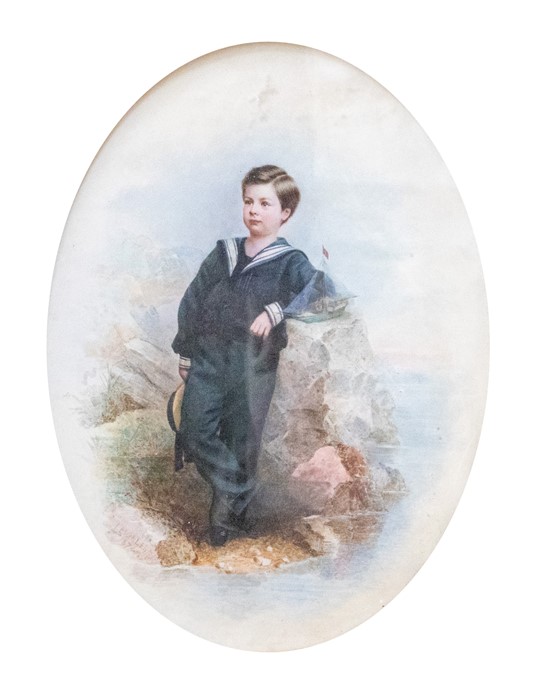 I. Moller (German, late 19th Century), portrait of a sailor boy, full length, in a coastal