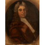 Follower of John Riley, portrait of a gentleman, half length in a brown cloak and white stock, oil