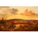 Follower of John Linnell, a shepherd with his flock by a lake at sunset, oil on canvas, 64 by 100cm,